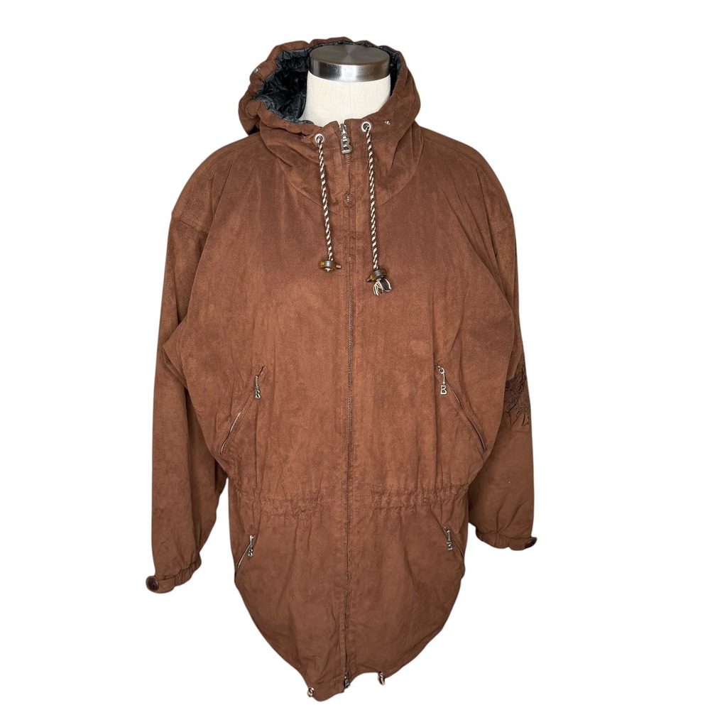 BOGNER Vintage Parka Jacket Brown Faux Suede Hooded Women's Deer Winter Chic
